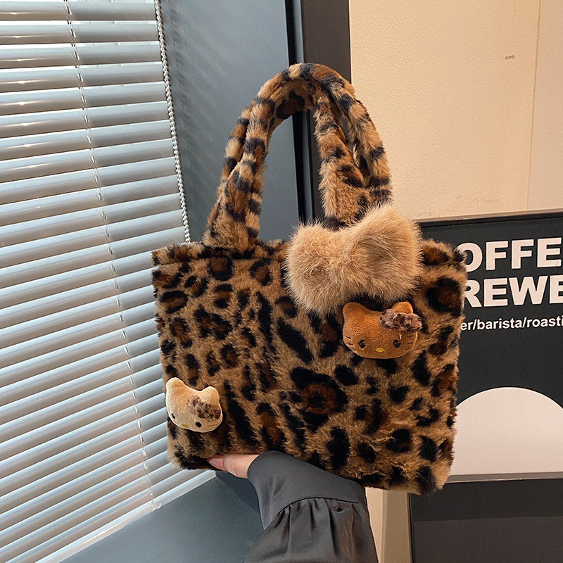 Tas bulu gaya baru cetak macan tutul vintage tas wanita