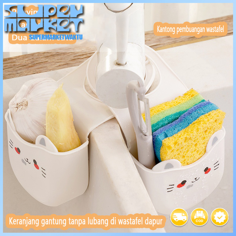 Keranjang pembuangan wastafel, tas gantung, spons pencuci piring, rak penyimpanan keran, perlengkapa