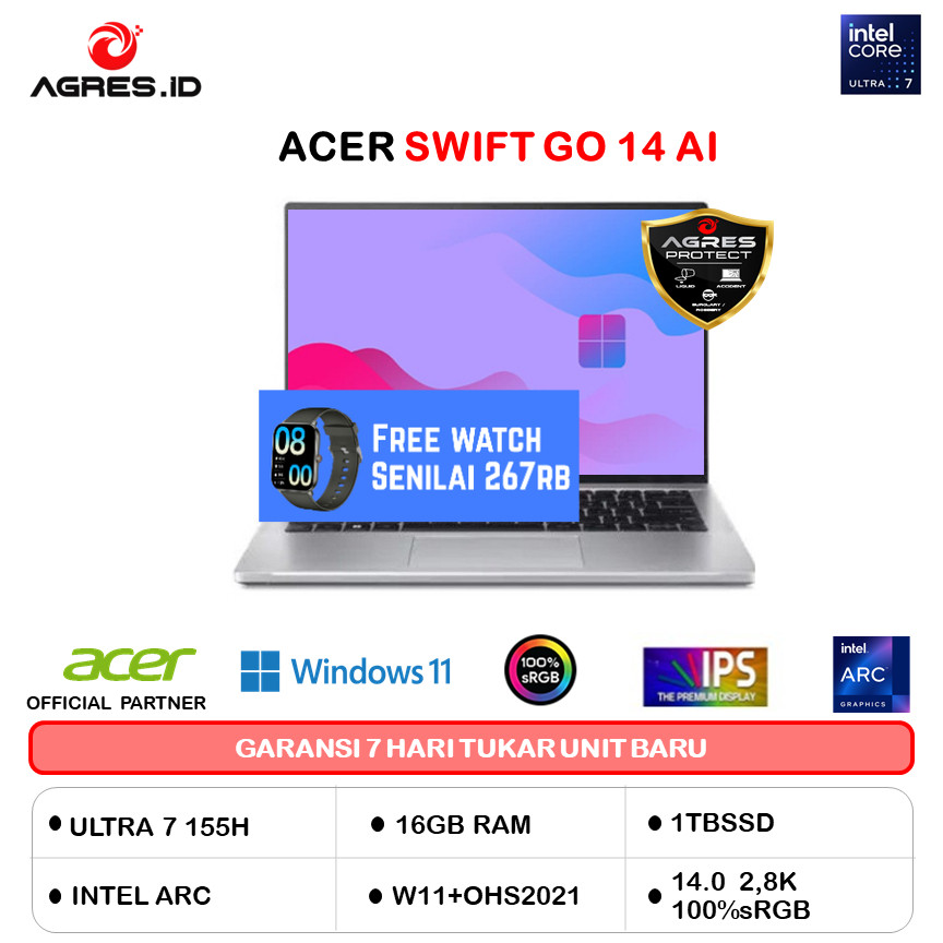 ACER SWIFT GO 14 AI SFG14 ULTRA 7 155H 16GB 1TB W11+OHS 14.0 2.8K 100SRGB 2Y+ADP -73.75WS