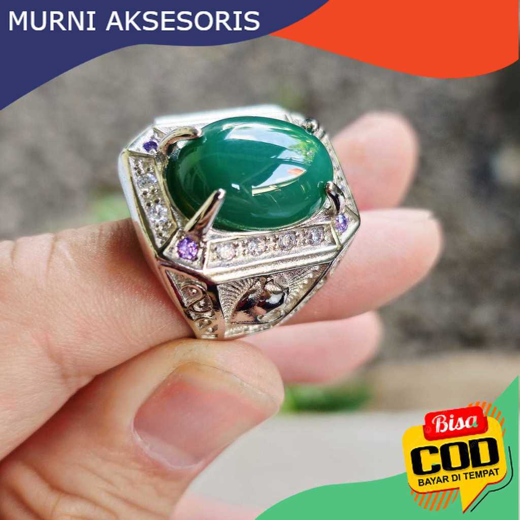 Murni Aksesoris. Cincin Batu Chalcedony Hijau Lumut Green Agate Ring Titanium Anti Karat / Cincin Ba
