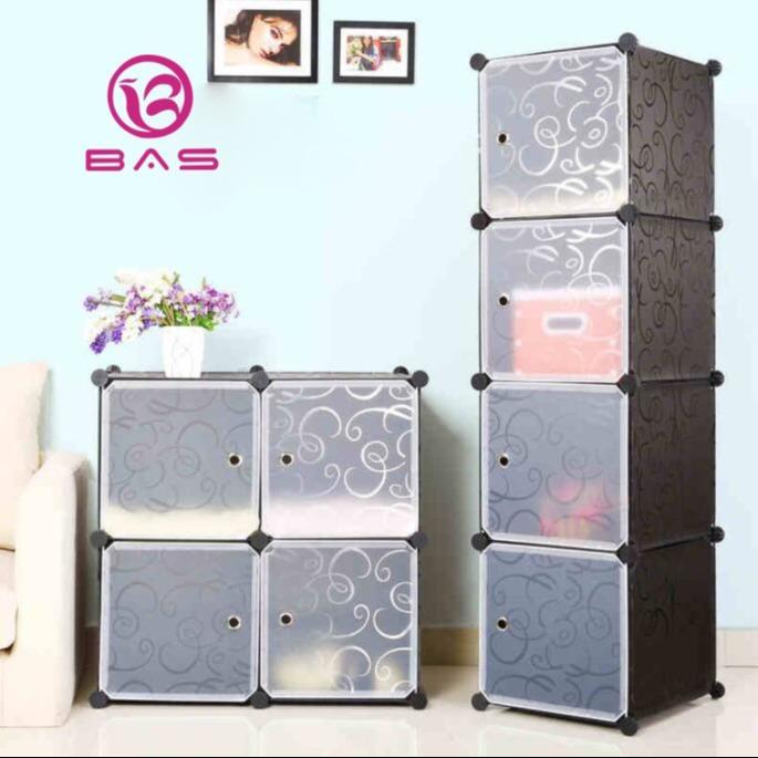 BAS Lemari pakaian plastik lemari baju susun lemari baju polos rak buku portable 4 pintu polos - HIT