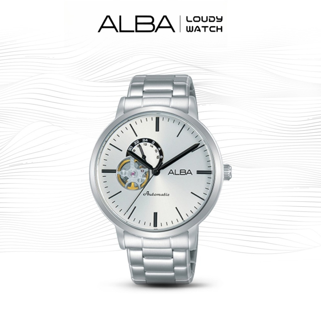 ALBA A9A013 Mechanical Jam Tangan Pria Open Heart Automatic Silver White Dial Stainless Steel Strap 