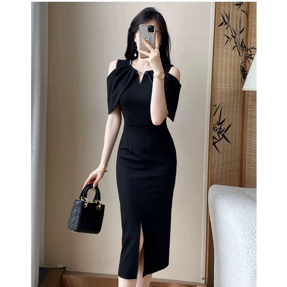 READY STOCK | FADFAD Gaun Midi Wanita |Elegant|Lengan Pendek|Gaya Minimalis|Warna Hitam|Gaun Pesta|K