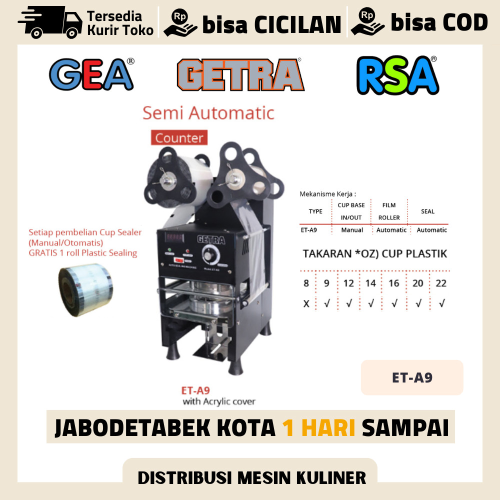 CUP SEALER SEMI OTOMATIS GETRA ET-A9 MESIN PRESS DIGITAL COUNTER GELAS UK 12OZ-22OZ ORIGINAL