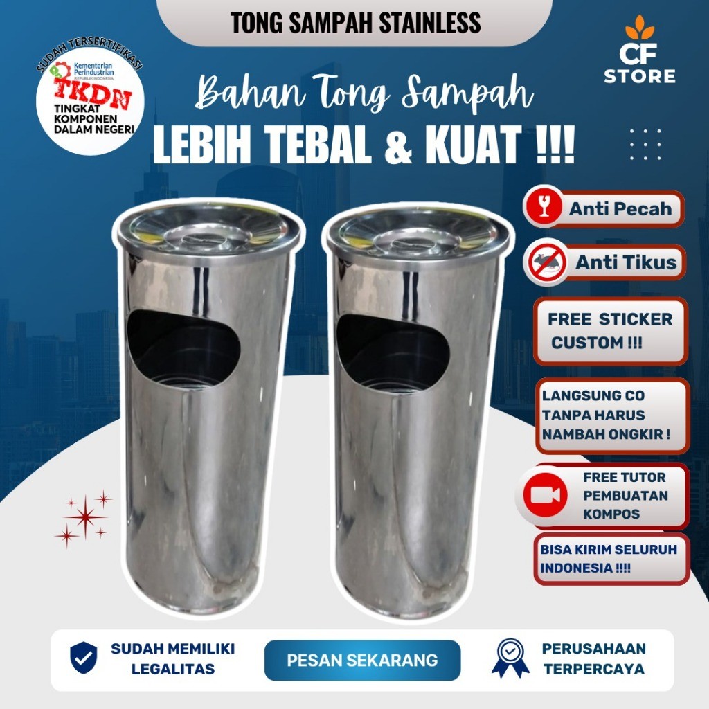 TONG SAMPAH STAINLESS ASBAK BULAT, TEMPAT SAMPAH STAINLESS ASBAK