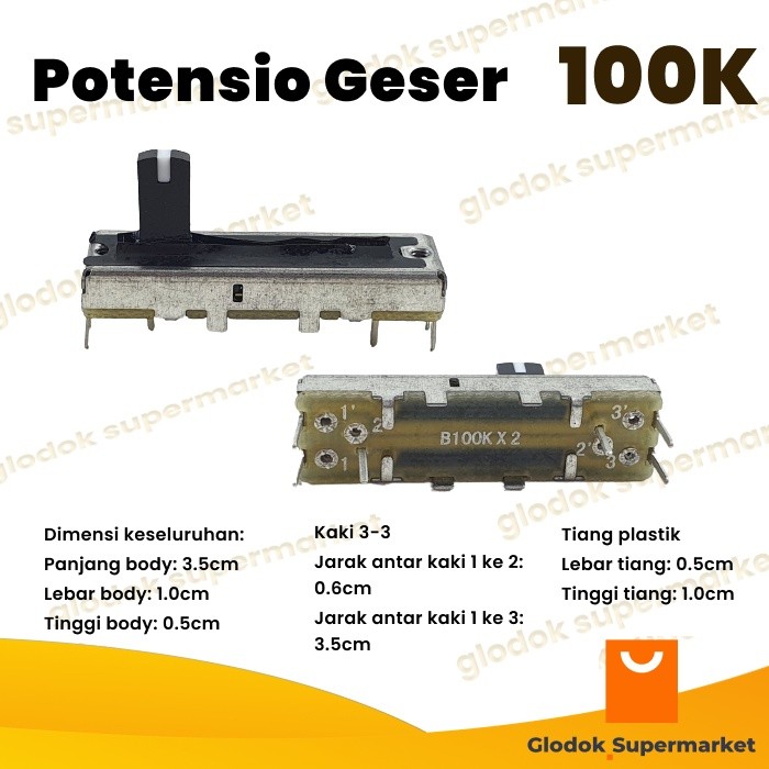 Potensio Geser 3.5cm 6 pin 100k Stereo Kaki 3-3 Slide 3.5 cm Mixer 104