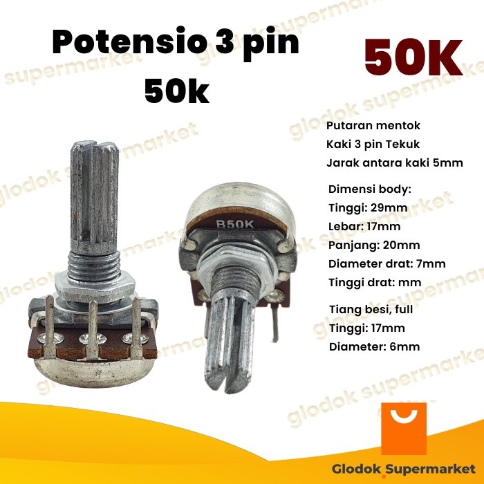 Potensio 3 pin 50k Mono Kaki 3 Tekuk Drat Potensiometer 503