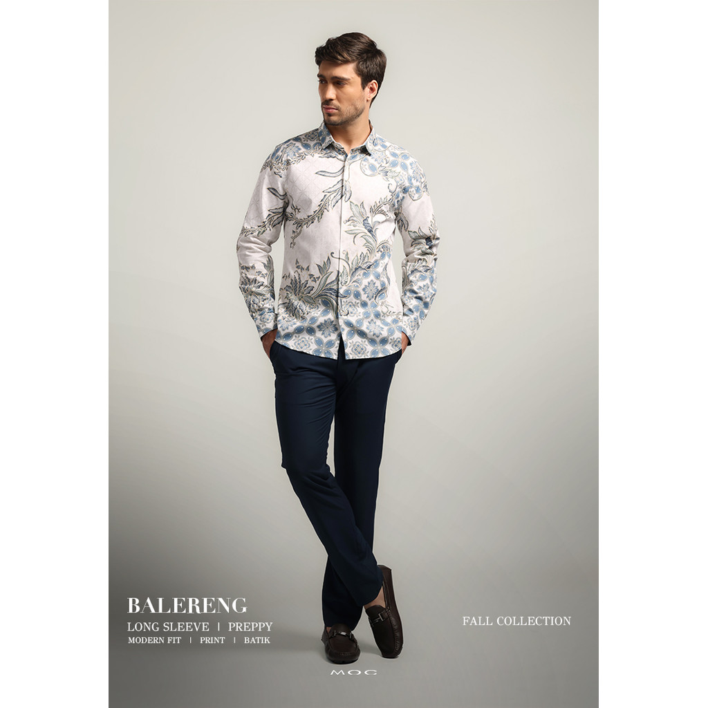 MOC - Kemeja Batik Pria Lengan Panjang Balereng - White