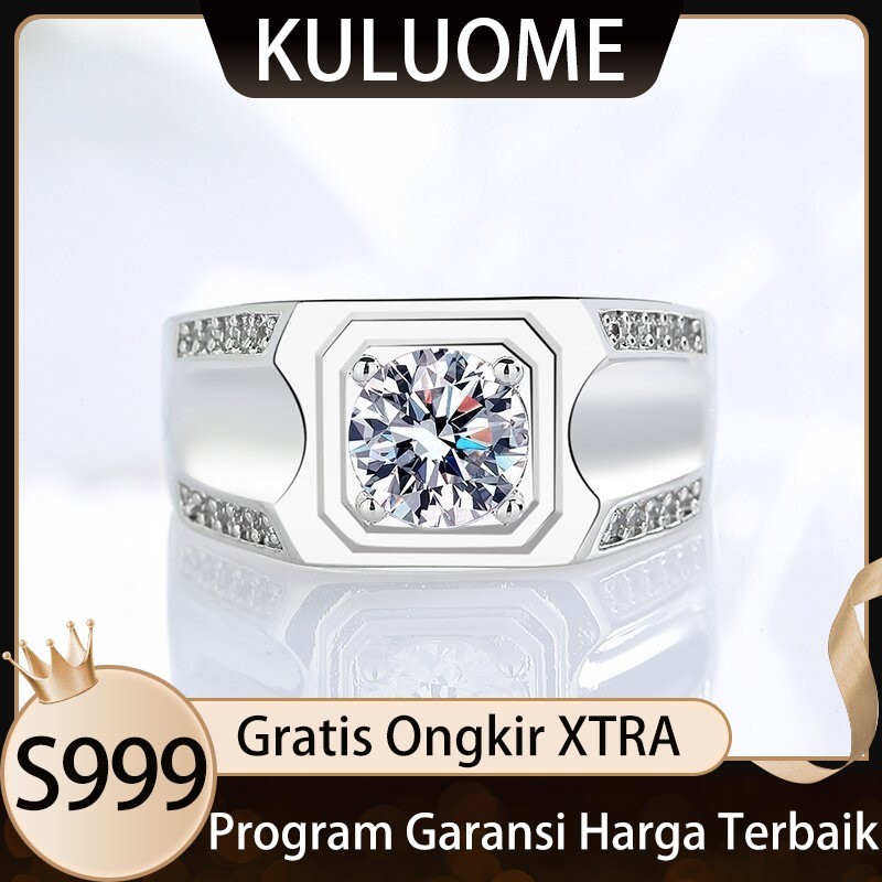 KULUOME Cincin Besar Dominan Pria 18K Emas Putih Cincin Berlian Simulasi Cincin Pria Hadiah Pasangan