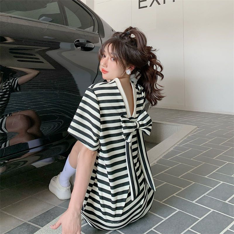 [Dress Oversized](40-150kg) Strip V Neck Lengan Pendek Plus Size Mini Dress Tanpa Punggung Pita Fash