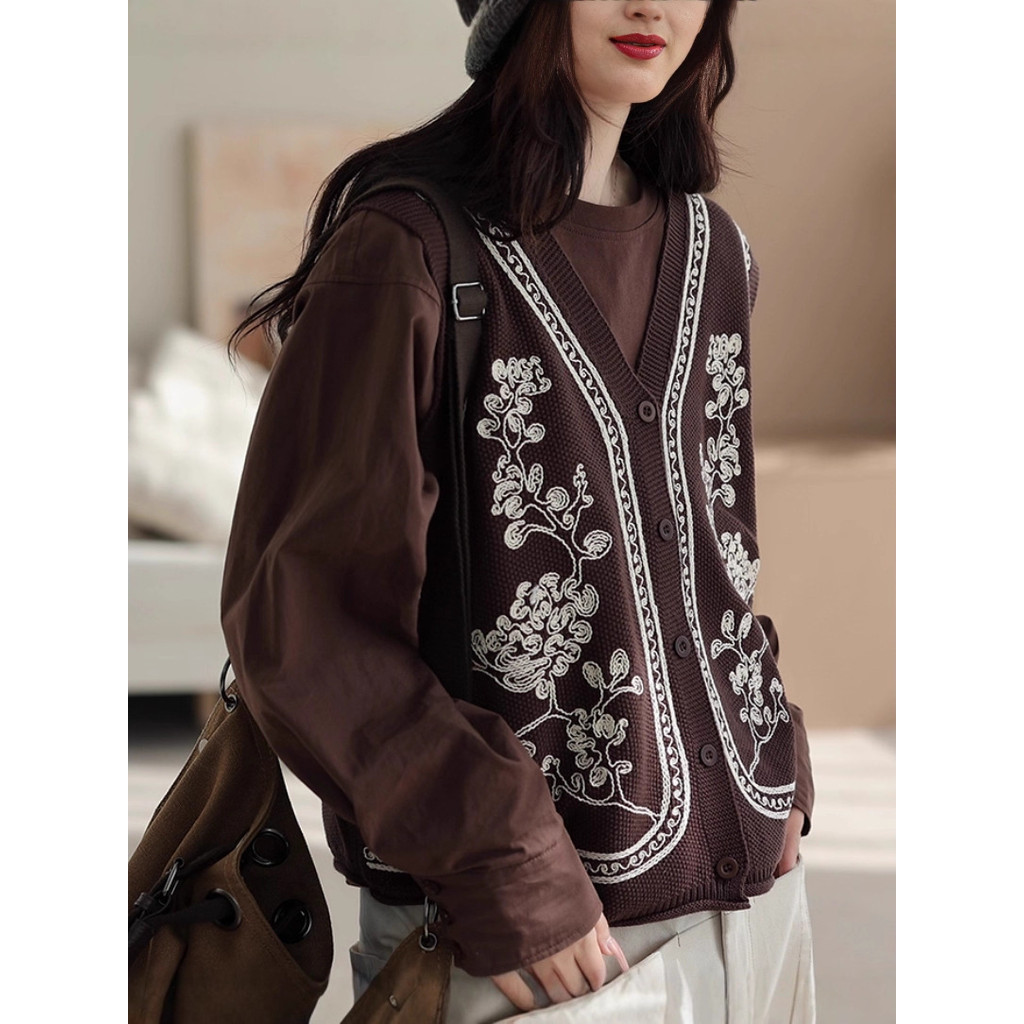 Rompi Rajut Bordir Kancing Tunggal Serbaguna Longgar Tanpa Lengan Cardigan Jaket Tanpa Lengan