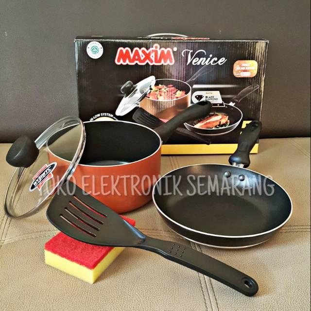 MAXIM VENICE SET WAJAN PANCI PENGGORENGAN TEFLON TUTUP KACA SPATULA SPONS - Maxim Venice