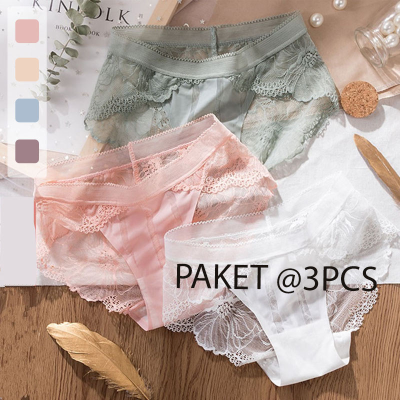 Celana Dalam Wanita (3 Pcs) Import Premium Quaility Renda Embroidery Celana Dalam Wanita Sexy Korea 