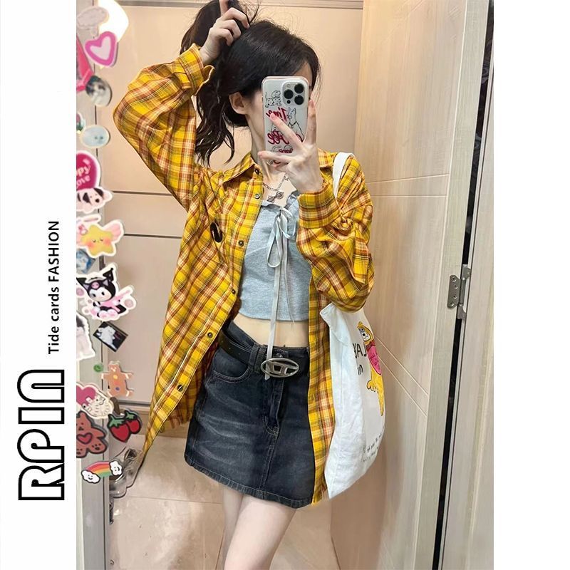 Wanita kuning kotak-kotak polo kerah kemeja wanita niche kasual jaket longgar