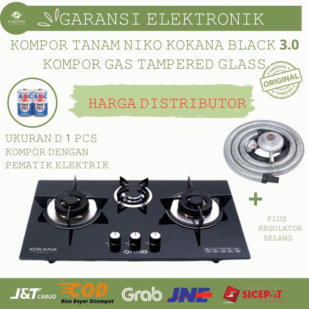 KOMPOR TANAM KACA 3 TUNGKU TEMPERRED KACA NIKO KOKANA BLACK/KOMPOR TANAM KACA DENGAN PEMANTIK ELEKTR