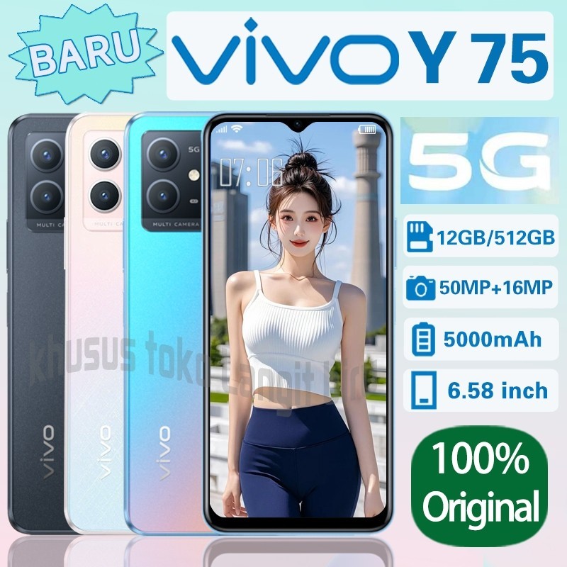 HP VIVO Y75 5G RAM 12GB/512GB Baru Tersegel ORI AI HD+ 66MP Layar 6.58 inci Garansi 12 Bulan cod