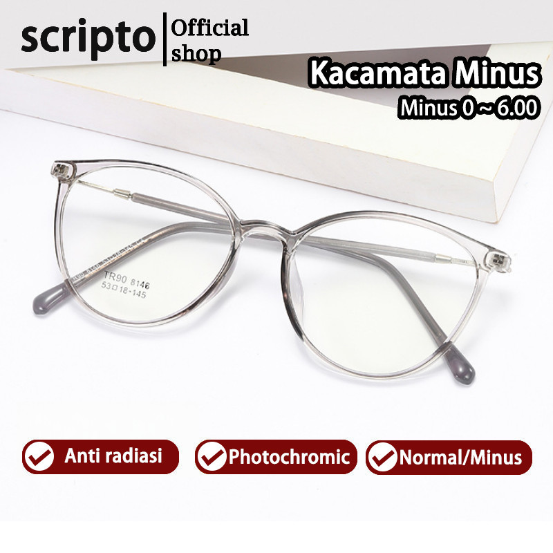 Scripto Kacamata Minus -1 -2 -3 -4 -5 -6 Lensa Wanita Pria Anti Radiasi Blueray Ringan TR90 High Qua