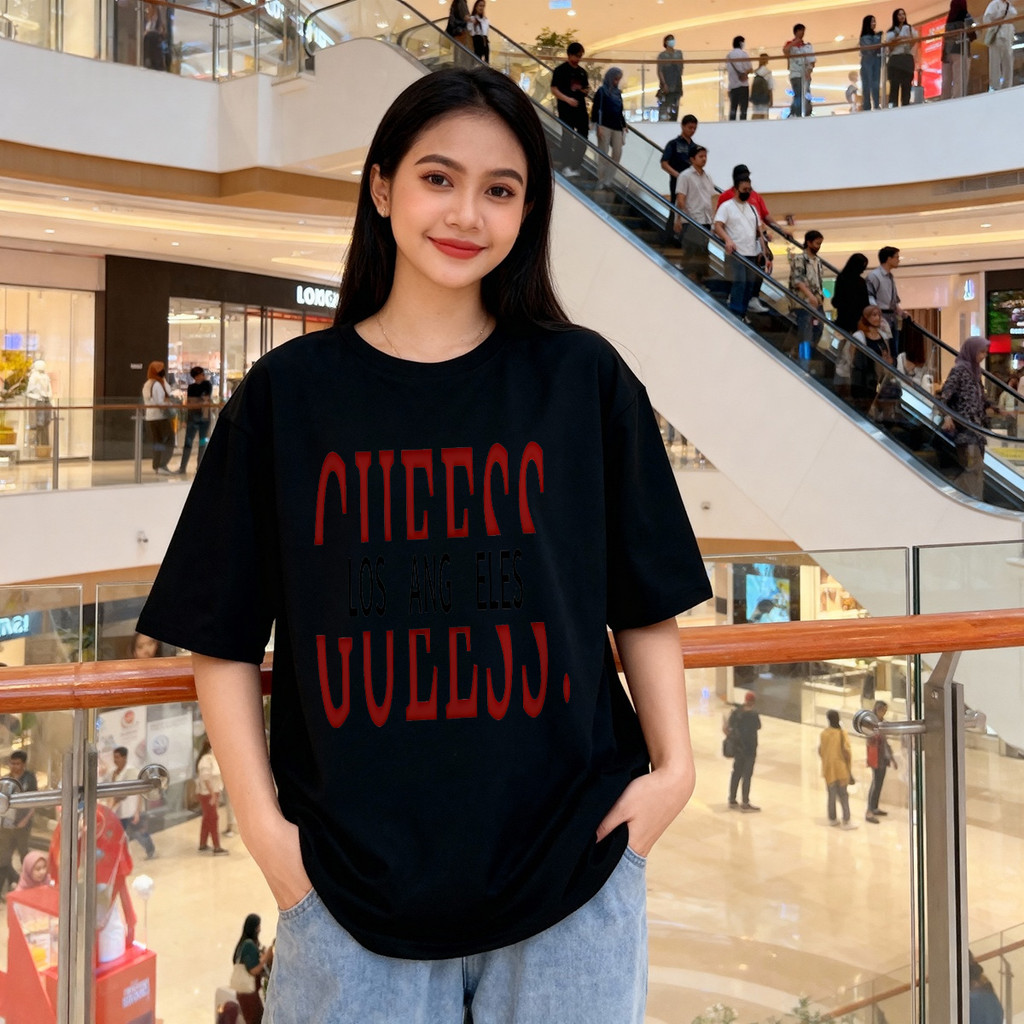 Distro Original 100% Los Angeles Guess Kaos Wanita Oversize Santai Pakaian Atasan Wanita untuk Semua