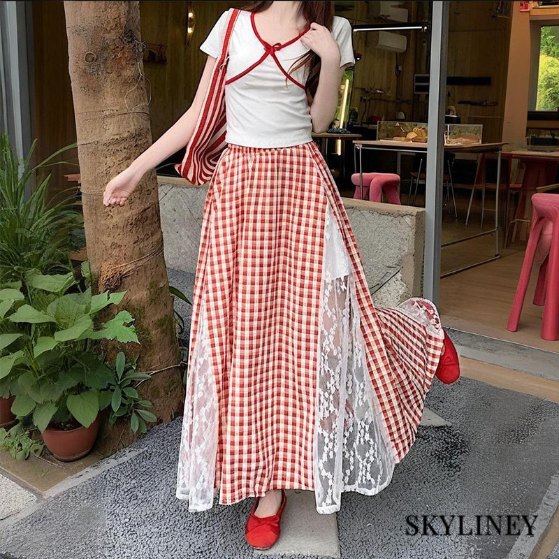 Rok Kotak-kotak Patchwork Renda Desain Sense Pinggang Tinggi Dopamin A-line Panjang SL