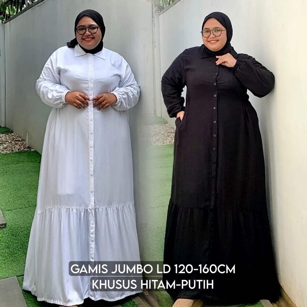 Gamis Polos Jumbo Putih Hitam Adem LD120 - LD160 Gamis Umroh Manasik Haji Dress Wanita Katun Twill