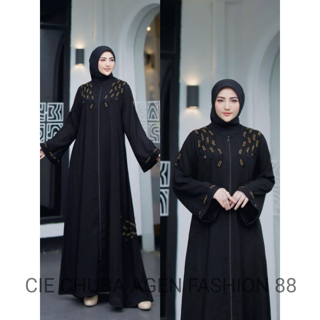 Dress Kode 134 Gamis Abaya Terbaru Bahan Jet Black Premium Motif Payet Ceko Crystal