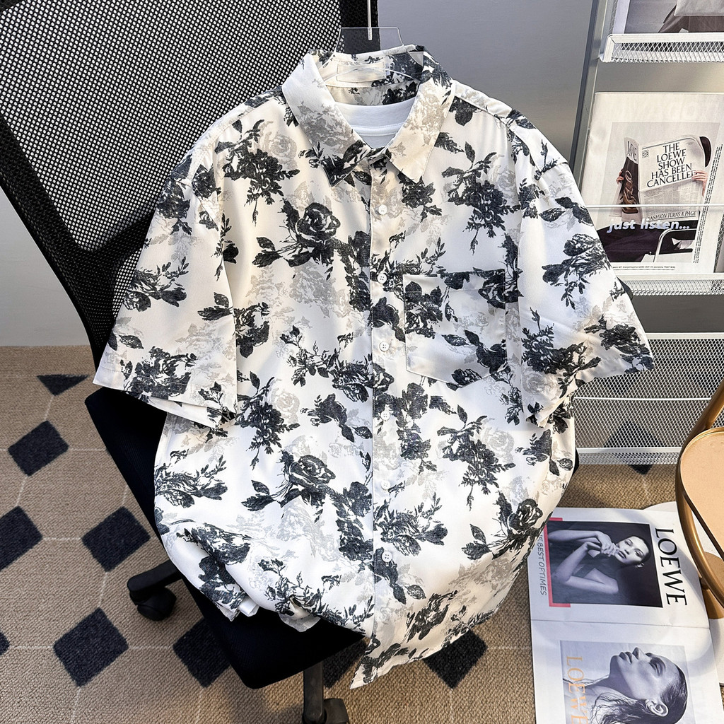 Kemeja Lengan Pendek Pria Cetak Tie-Dye Bunga Mawar Sutra Es Dingin