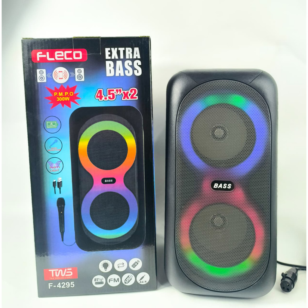 Speaker Portable Bluetooth Wireless Fleco F-4295 4.5inx2 Free Mic LED Light RGB PLay