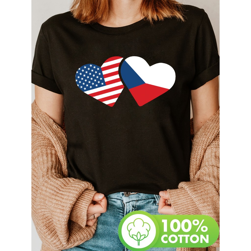 Cotton Knit Shirt with USA Czech Heart Print Women's Short Sleeve Crew Neck Casual Tee for All Seaso