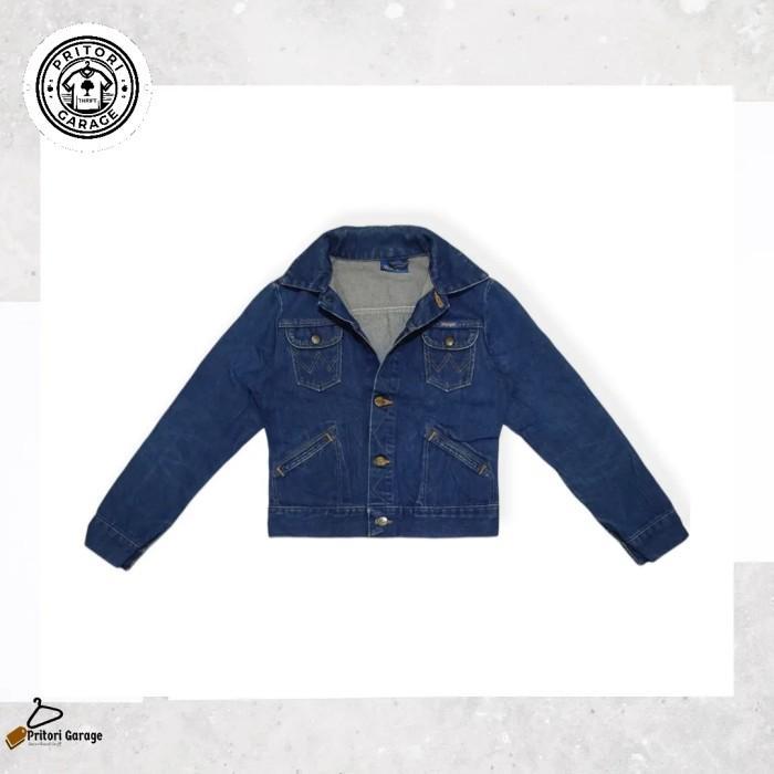 Raw Denim Jeans Trucker Jacket Crop Wrangler Dark Blue Wash Color