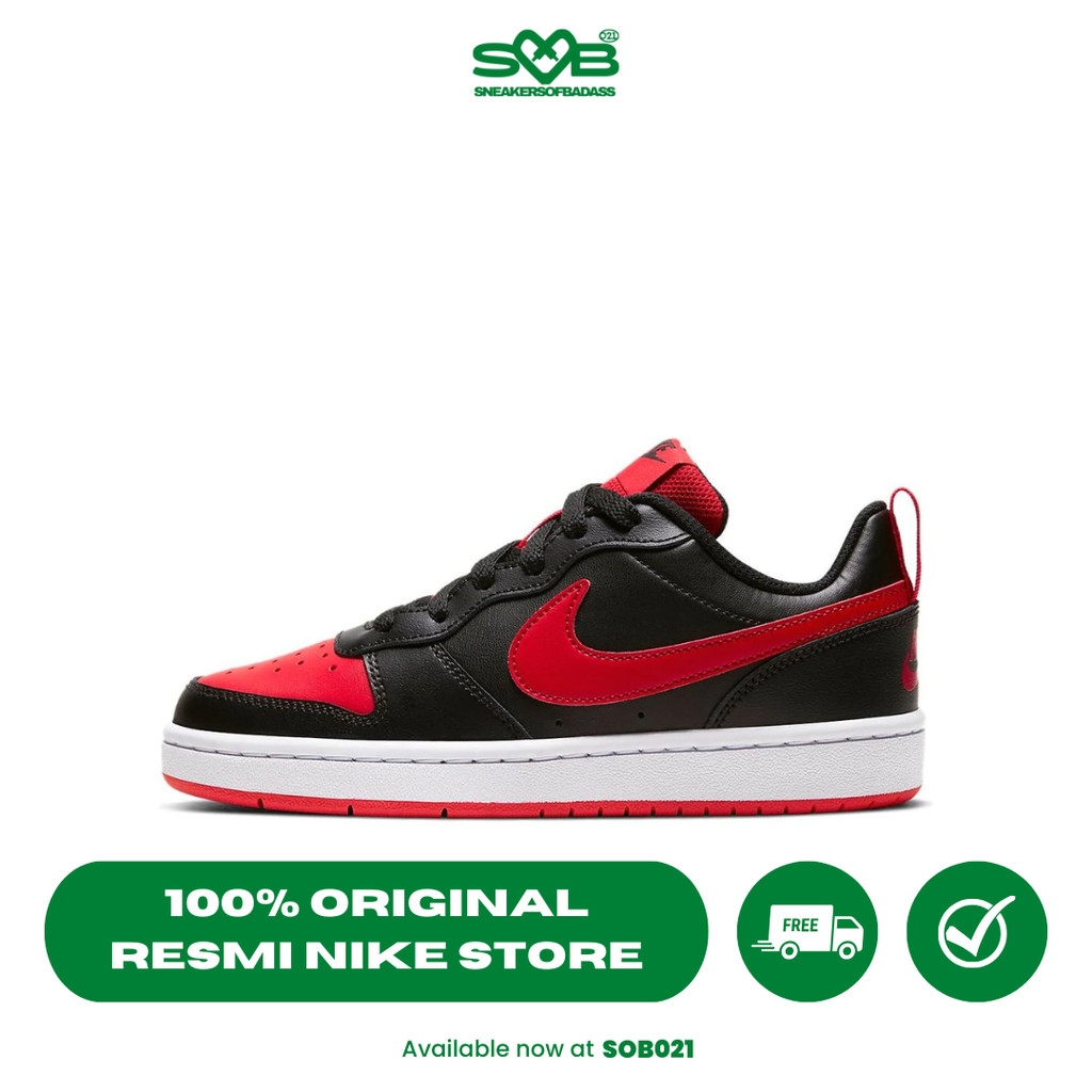 Sepatu Sneakers Nike Court Borough Low 2 Big Kids' Shoe Black/University Red/White - BQ5448-007
