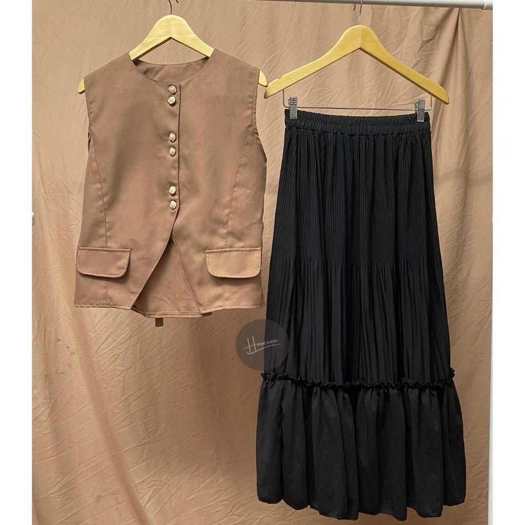 Haseena One Set Wanita Asheeqa Setelan Outer Vest Sleeveless Basic Rok Plisket Susun  Skirt Ruffle C
