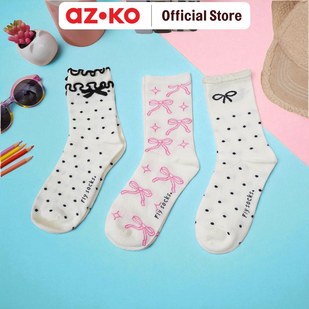 AZKO Ataru Kaos Kaki Wanita Crew Ribbon Random Women Socks Kaus Kaki Lucu Penghangat Kaki