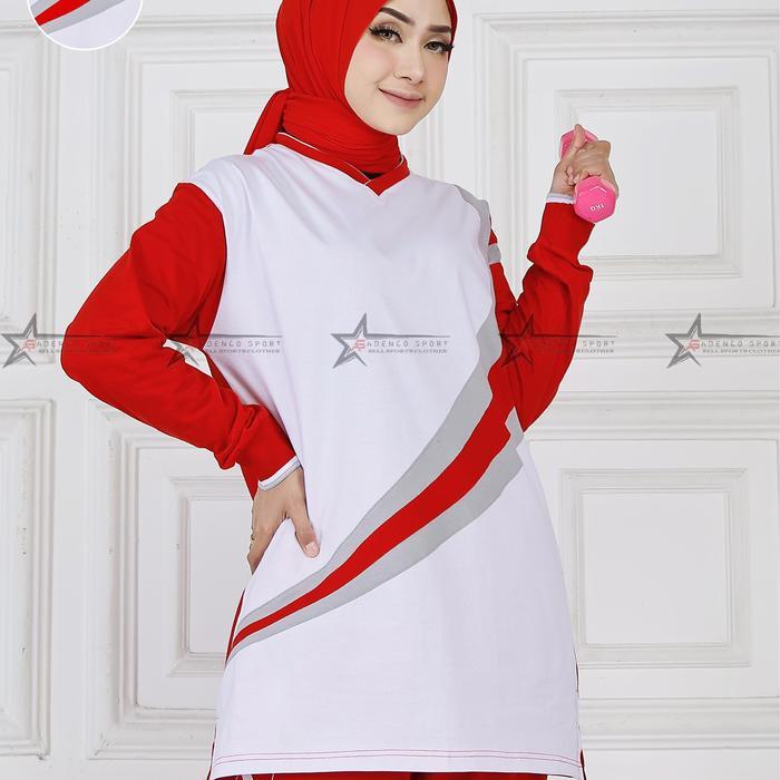 Atasan Kaos Senam Tunik Muslimah - Baju olahraga wanita muslimah Sport Panjang Dewasa - putih merah,