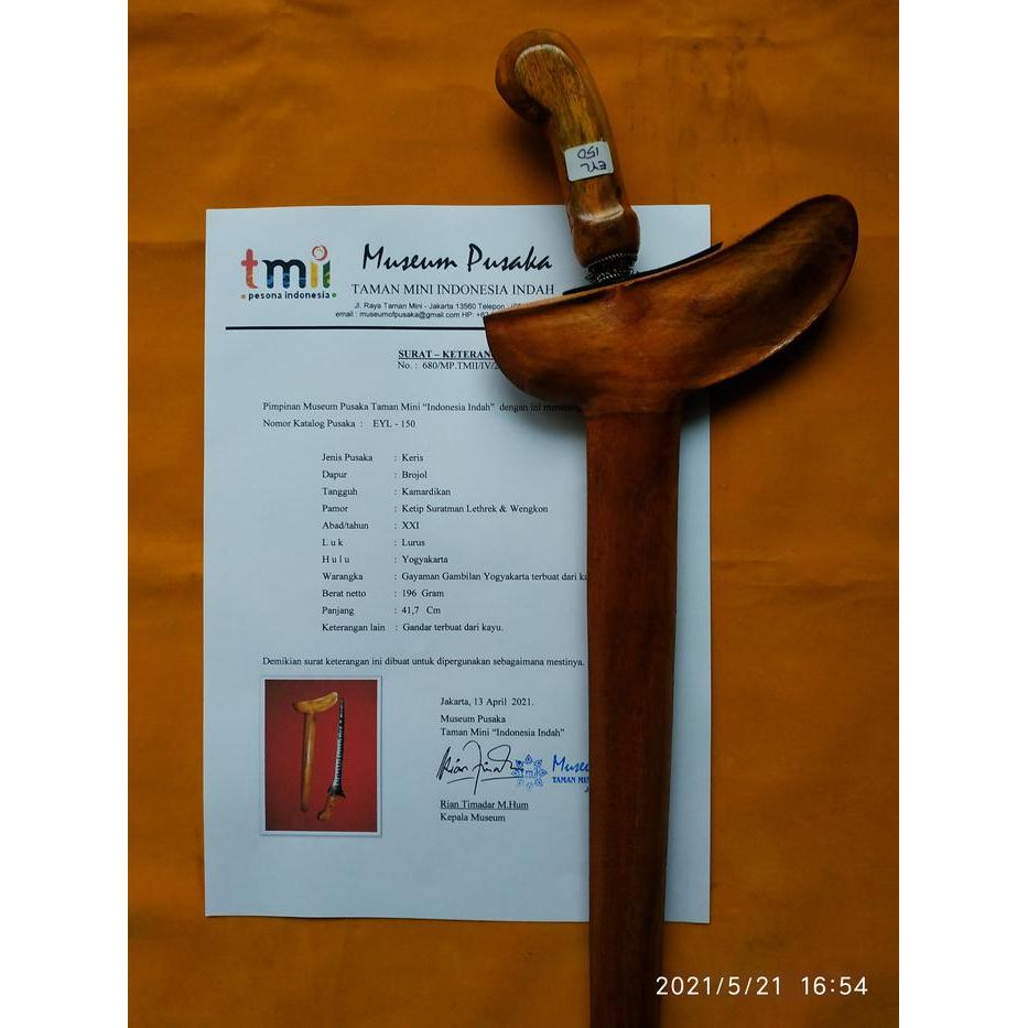 Keris Brojol Suratman Ketip Lethrek Sertifikat Museum Pusaka TMII