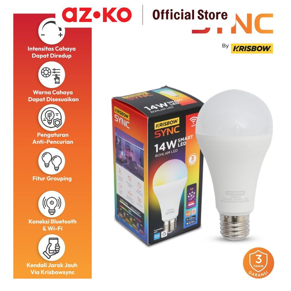 AZKO Krisbow Sync Smart Bohlam Led Wifi Rgbcw Lampu Rumah Kamar Teras Dimmer Koneksi Via Hp Daya Kec