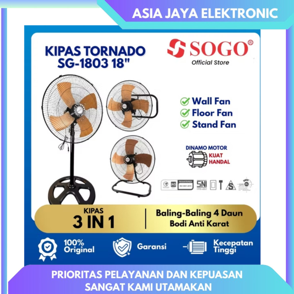SOGO 18 inch Kipas Angin Tornado 3in1 Besi Standing Fan Floor Fan Wall Fan SG-1803