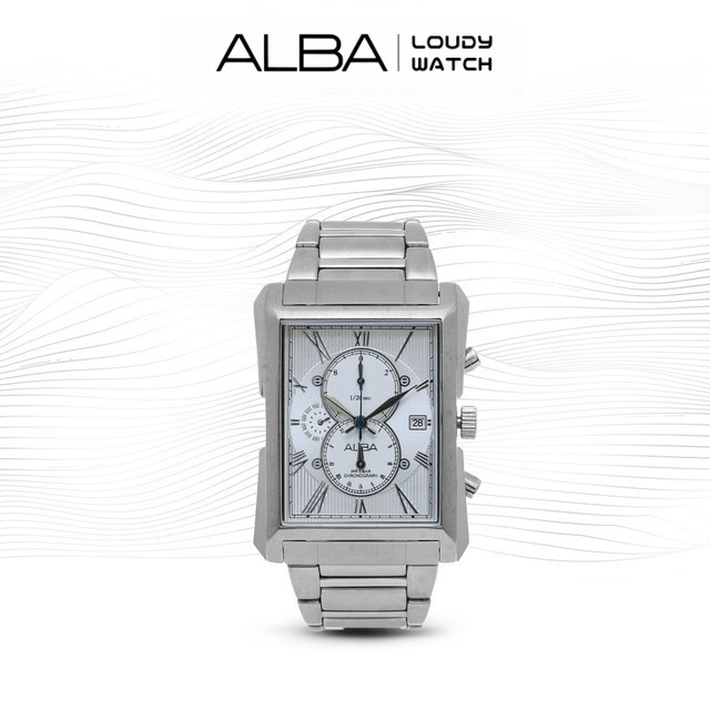 ALBA AF8L39 Jam Tangan Pria Kotak Fashion Chronograph Quartz White Dial Stainless Steel Strap Watch