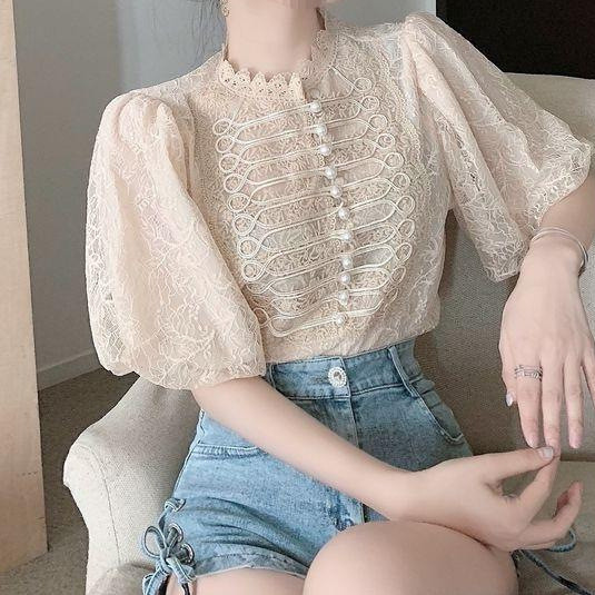 Atasan Renda Lengan Pendek Puff Elegan Blus Chiffon Berhias Manik