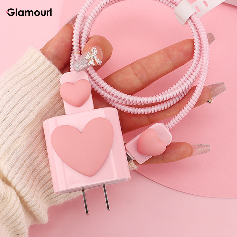 1Set 5 PCS Cover Charger iphone case charger Pelindung Kabel Charger iphone 18w & 20w Hati Cinta Mer