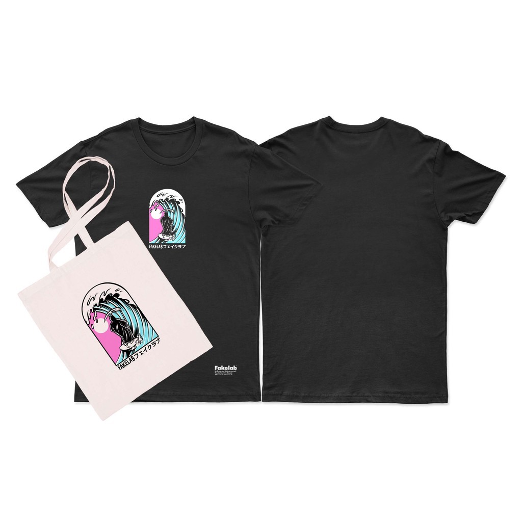 Fakelab Ts Black Surfer Free Totebag Fakelab / Kaos / Tshirt / Tas / Tote