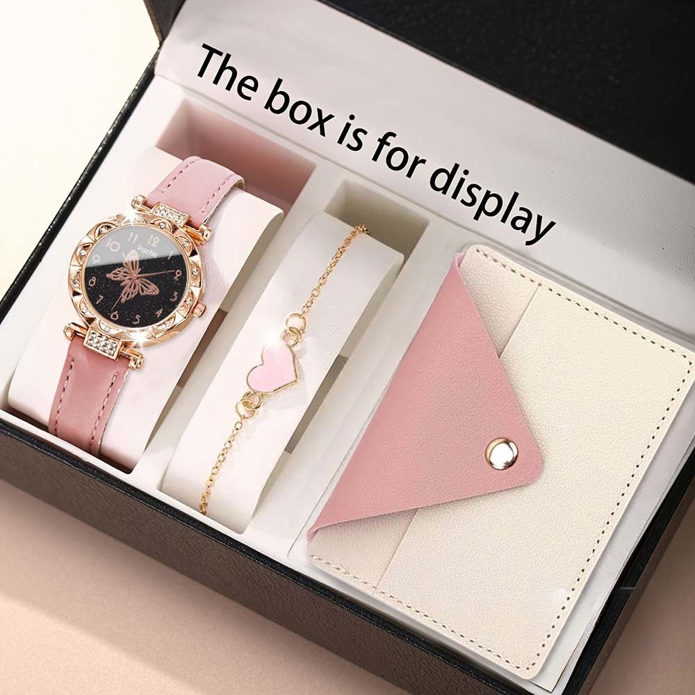 3PCS Jam Tangan Wanita Quartz Dengan Gelang Dan Tas Tangan Set Jam Tangan Elegan Dengan Dial Bulat B