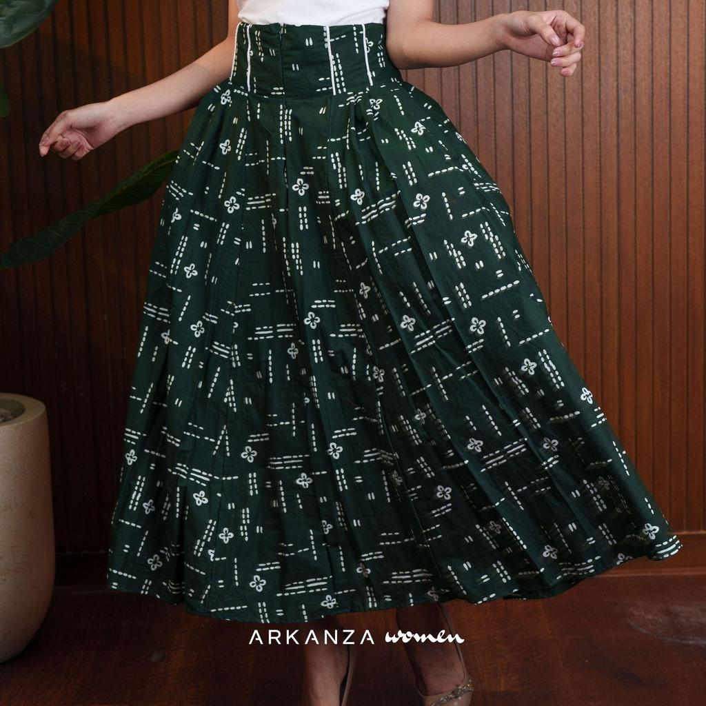 ARKANZA WOMEN Rok Batik Cap Sania Skirt Melati Hijau Bawahan Wanita Katun Modern Rempel Aline