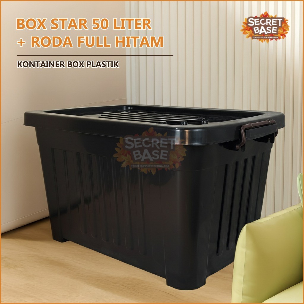 BOX STAR 50 LITER + RODA FULL HITAM - Kontainer Box Plastik / Container Box