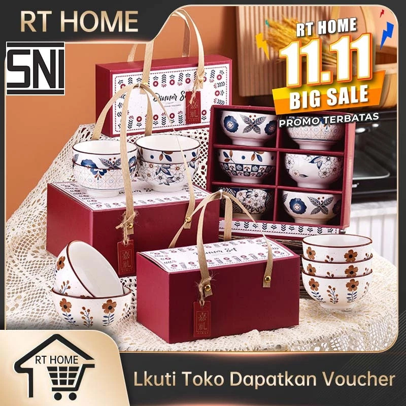 PB Souvenir Mangkuk 4 Set Porselen Seri Bunga Vintage Premium Mangkok Keramik Kotak Box Hadiah Bowl 