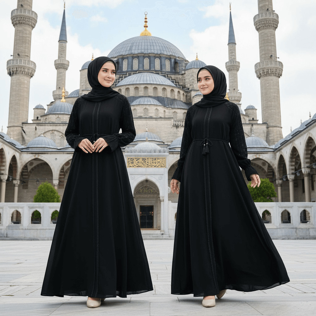 Gamis Umroh Wanita Terbaru Outer Hitam Premium Umrah Putih Elegan Abaya Lebaran Polos Haji 2026