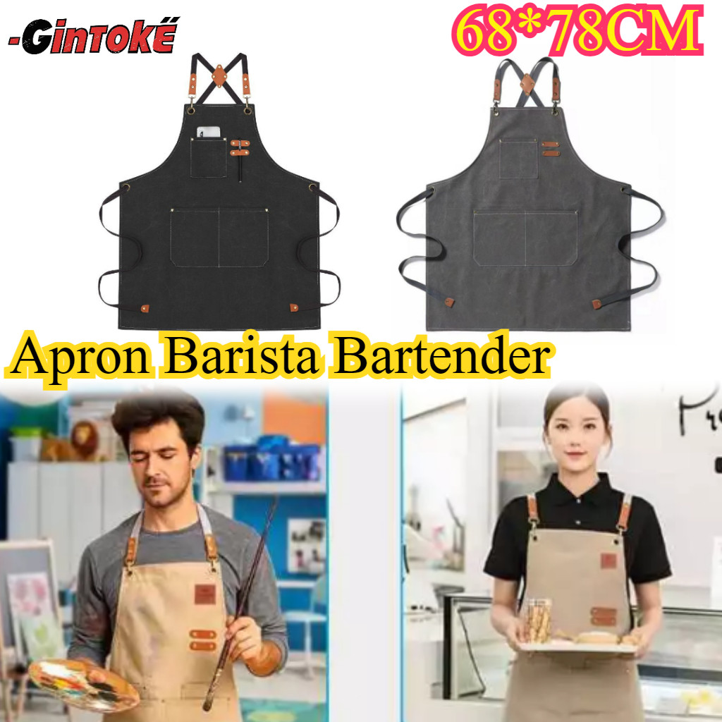 Apron Custom Barista Bartender Celemek Tali Leher Canvas Leather Pria Wanita Unisex/Hairdressing Apr