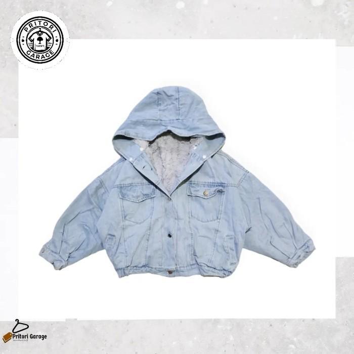 Denim Bomber Sherpa Hoodie Jacket Crop Shuang Shuang Light Blue XL