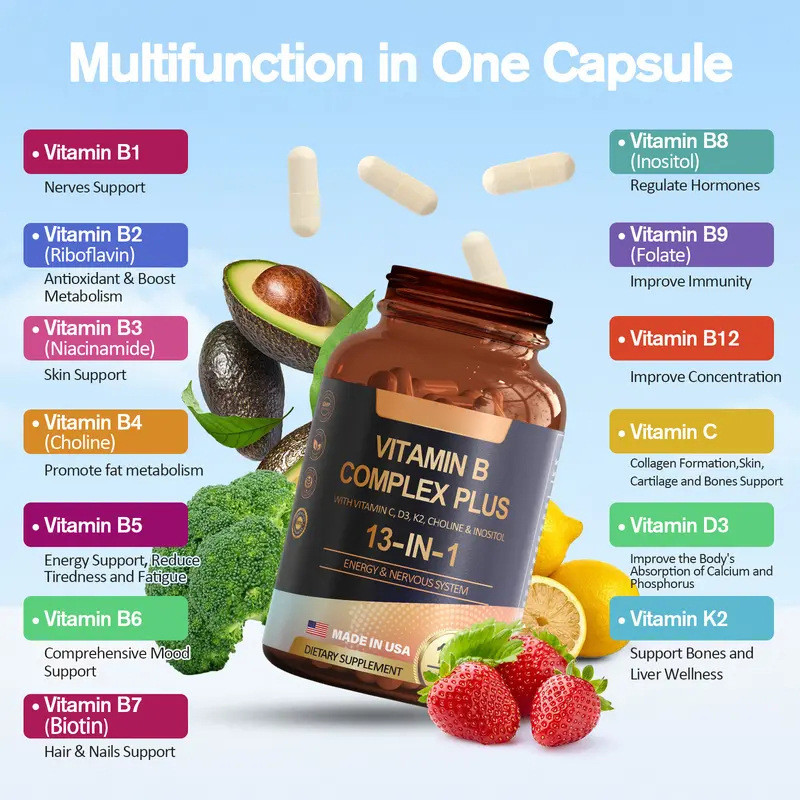 Kompleks Vitamin B 13 in 1 Plus C, D3, Energi K2, Saraf & Kulit, 120 Kapsul CO3067ly000