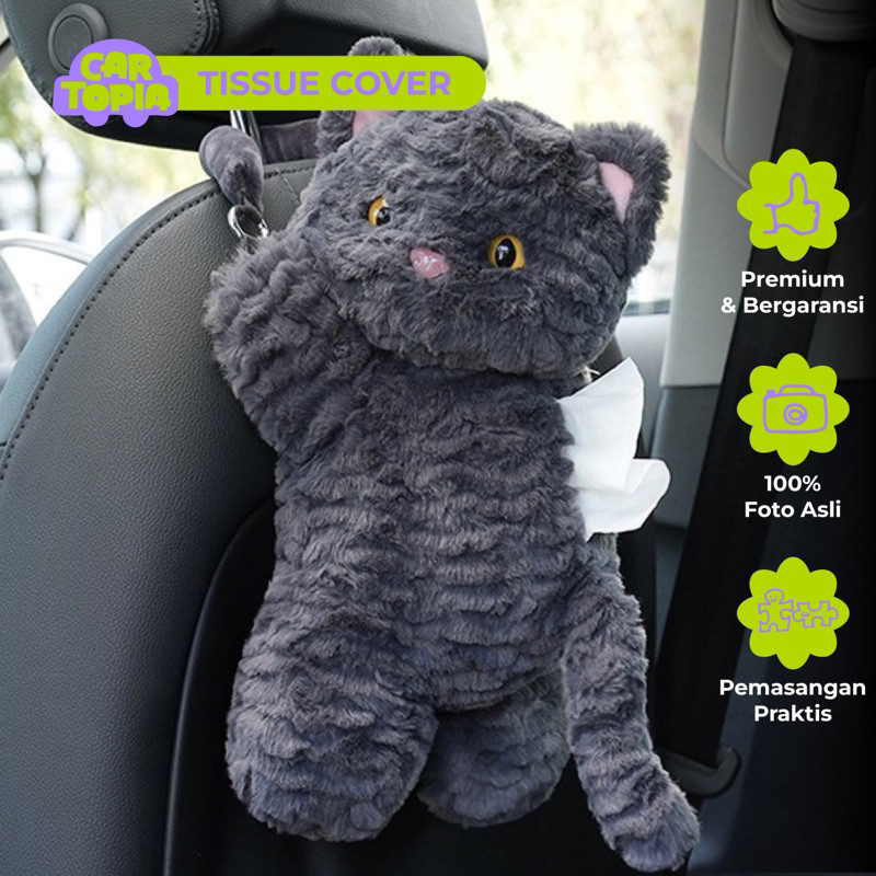 (Elvonik) CARTOPIA Tempat Tisu Mobil Kucing Aksesoris Mobil Lucu Kotak Tisu Boneka Organizer Mobil
