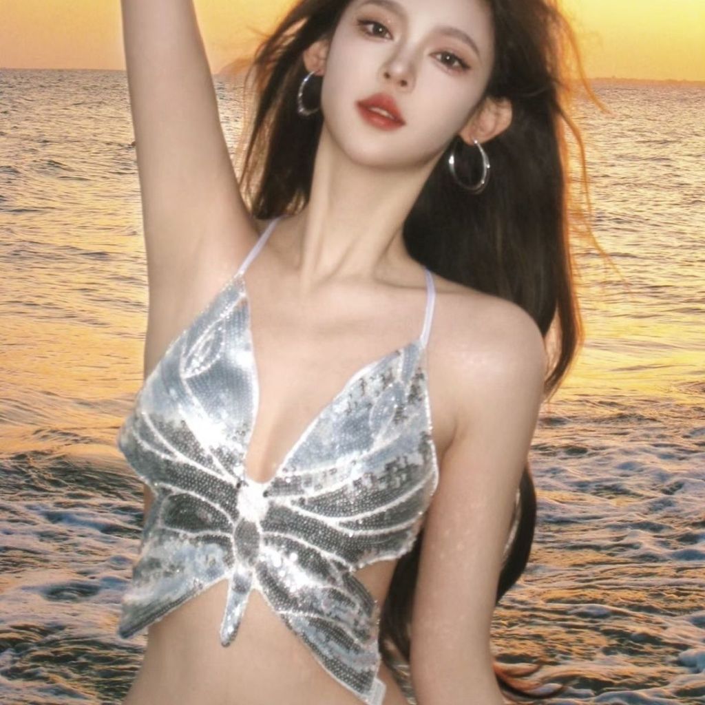 Sequin butterfly sling bikini wanita tepi laut bra top